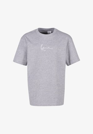 Szara bawełniana koszulka z krótkim rękawem i okrągłym dekoltem. Posiada biały, odręczny logo z przodu, gładką teksturę i luźny krój.