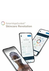 Three smartphones display a skincare app featuring a skin scan on a woman's face, a personalized routine calendar, and session progress details.