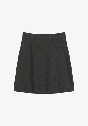 Donkergrijze, flared rok van een zachte stof, met een vloeiende tailleband en subtiele textuur met plooidetails voor extra vorm.