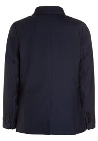 Granatowa marynarka z wyraźnym kołnierzem, długimi rękawami z wykończeniami na guziki oraz teksturowanym materiałem. Widok z tyłu ukazuje dopasowany krój.