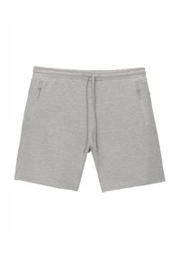 Shorts gris clair en tissu doux et texturé, dotés d'une taille élastique, d'un cordon de serrage et de deux poches latérales zippées.