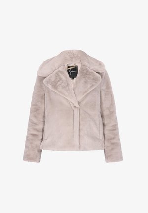 Világosszürke műszőrme dzseki, klasszikus gallérral, hosszú ujjakkal és két elülső zsebbel. Puha tapintás és minimális varrási részletek.