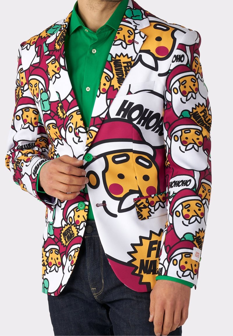 White blazer featuring colorful holiday-themed graphics, including pizza and Santa icons, with green buttons and a green shirt underneath.