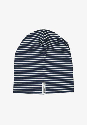 Laine sininen pipo, jossa on valkoiset vaakasuorat raidat, valmistettu venyvästä kankaasta. Reunassa on brändin nimen näyttävä tarra.