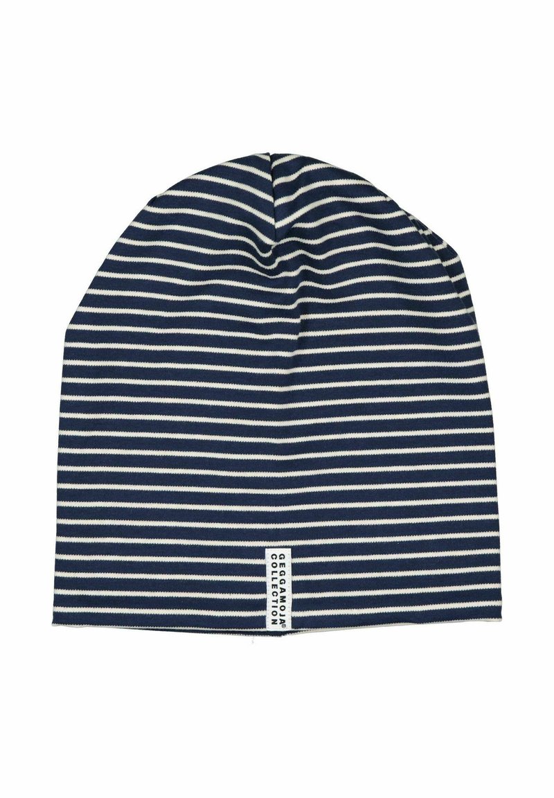 Laine sininen pipo, jossa on valkoiset vaakasuorat raidat, valmistettu venyvästä kankaasta. Reunassa on brändin nimen näyttävä tarra.