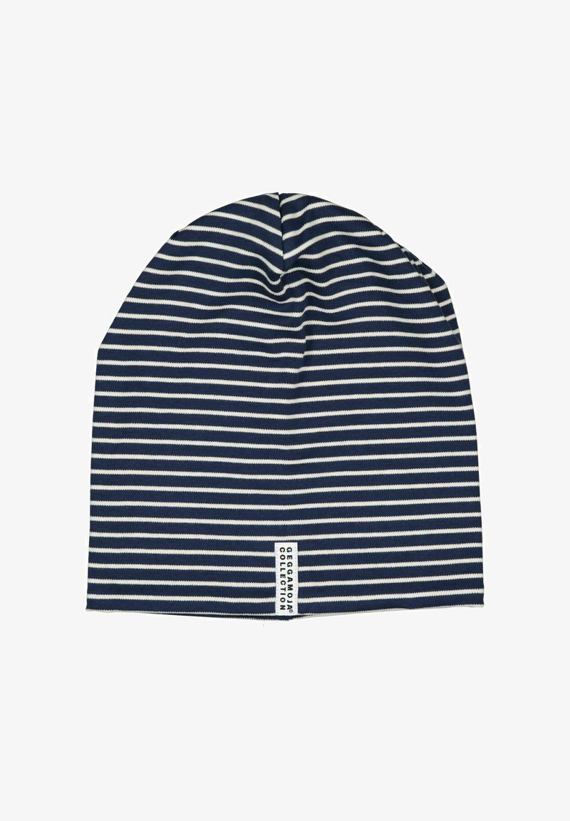 Laine sininen pipo, jossa on valkoiset vaakasuorat raidat, valmistettu venyvästä kankaasta. Reunassa on brändin nimen näyttävä tarra.