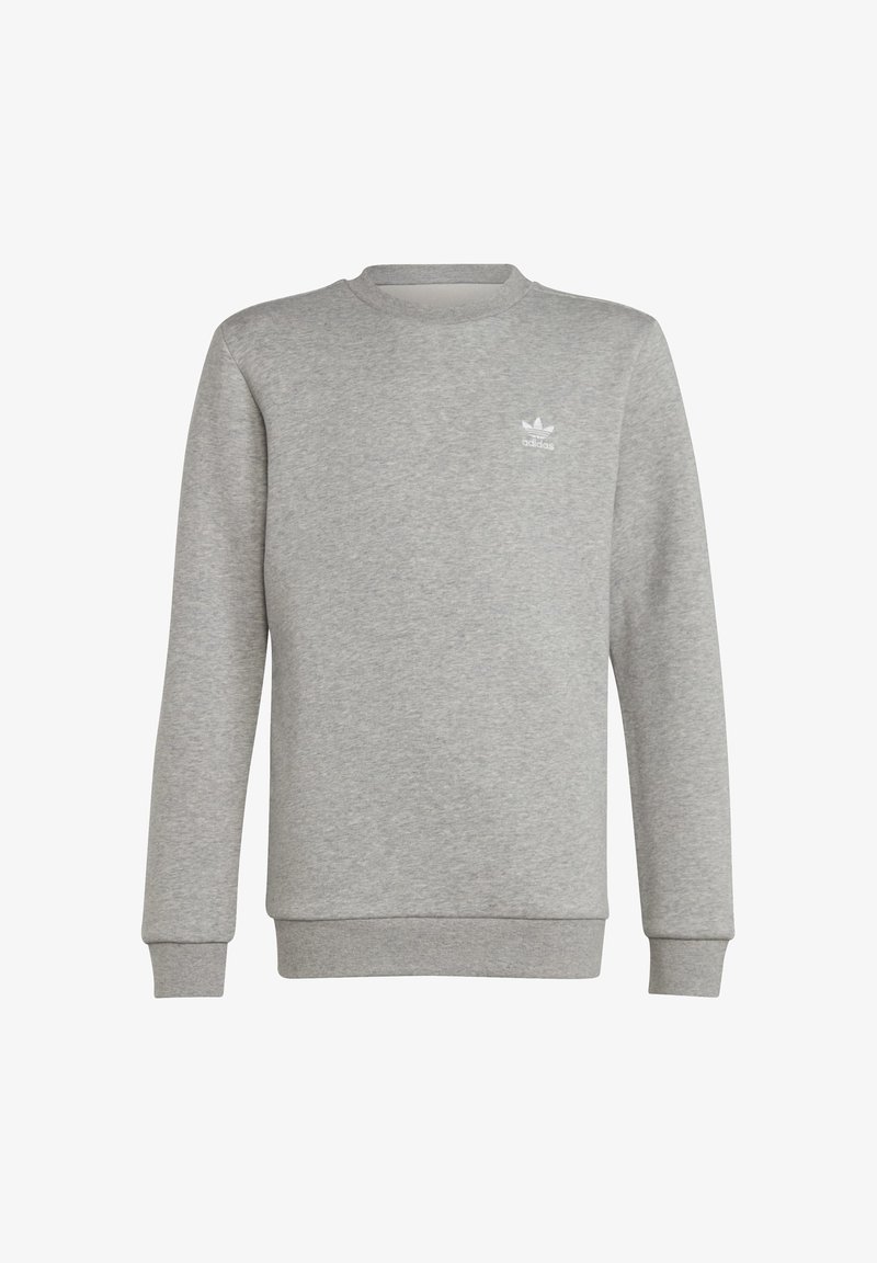 Grey sweatshirt made of cotton blend, featuring a crew neck and long sleeves. Small white logo on the left chest. Ribbed cuffs and hem.