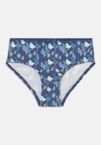 Navy blauwe katoenen onderbroek met een speelse vogel- en bloemenpatroon in lichtblauw en oranje, met een delicate tailleband en een zachte textuur.