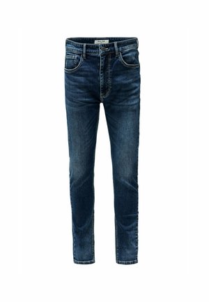 Jean en denim bleu foncé avec une coupe slim, design à cinq poches, accents de couture visibles et une texture légèrement usée sur l'ensemble.