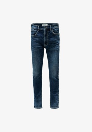 Ciemnoniebieskie dżinsy o slim fit, z pięcioma kieszeniami, widocznymi przeszyciami i lekko zużytą teksturą na całej powierzchni.