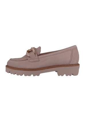 Helle rosa Wildleder Slipper mit dekorativem Schleifenmotiv, runder Zehenpartie und strukturiertem Gummianteil mit ausgeprägten Rillen für besseren Halt.