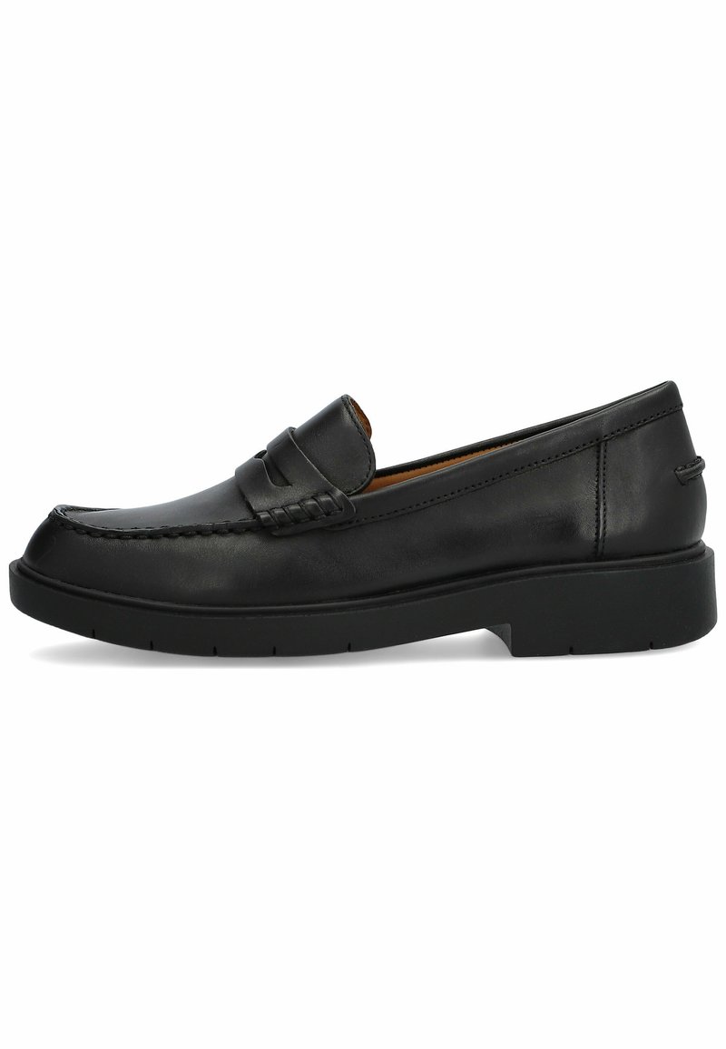Mocasín de cuero negro con un acento bordado en la parte delantera y un tacón elevado. Textura suave y diseño de punta redondeada. Suela de goma.