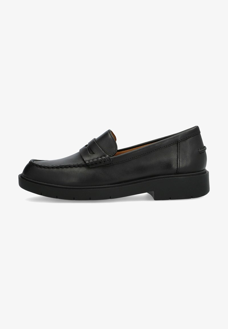 Sort læderloafer med en syet detalje på forsiden og en hævet hæl. Glat tekstur og design med rund tå. Gummisåler.