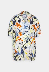 Koszula z krótkim rękawem, zapinana na guziki, w abstrakcyjny wzór pociągnięć pędzla w kolorach niebieskim, pomarańczowym, żółtym, czarnym i białym, z kieszonką na piersi i kołnierzykiem.