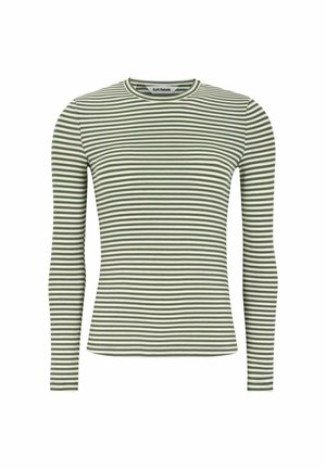 Long-sleeve ribbed top in olive green with white horizontal stripes. Features a round neckline and fitted silhouette. Soft fabric texture.