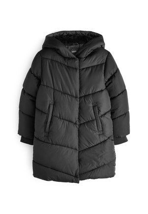 Manteau d'hiver noir matelassé avec capuche, coutures diagonales, poches frontales et manches longues.