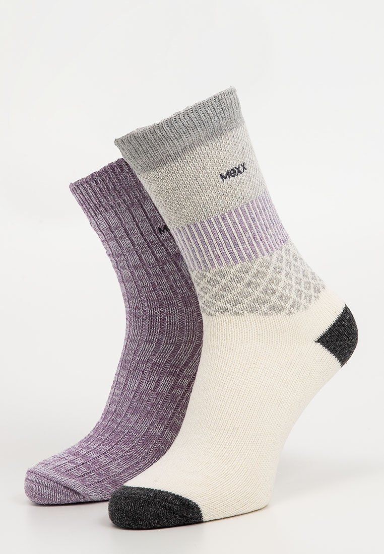 Pair of socks: one purple with a ribbed texture, the other cream with grey accents and a diamond pattern. Both have a reinforced toe.
