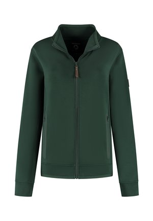 Veste zippée vert foncé avec col montant, deux poches latérales zippées et poignets côtelés, présentée sur un fond blanc.