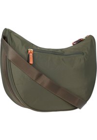 Borsa a tracolla verde oliva realizzata in nylon testurizzato. Presenta una tasca con zip e una tracolla regolabile marrone. Forma elegante e Curvilinea.