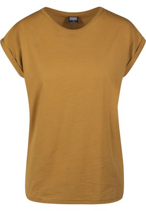 T-shirt à manches courtes jaune moutarde avec un col rond, fabriqué en coton doux, avec des poignets roulés et une coupe décontractée.