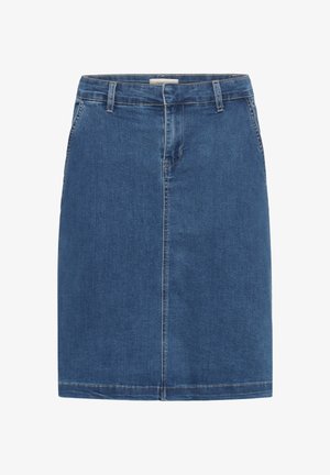 Svinčena jeans krilo v srednje modri barvi, z ravnim krojem, z izrazitim sprednjim šivom, z zankami za pas ter dvema bočnima žepoma. Klasičen dizajn s petimi žepi.