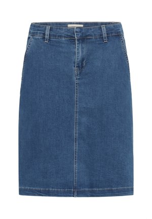 Denim-seelik keskmises sinises toonis, sirge lõikega, esilõhiku, vööaugude ja kahe küljetaskuga. Klassikaline viie taskuga disain.