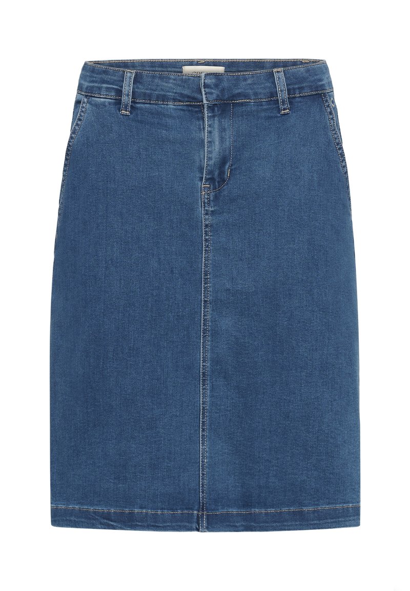Džínová sukně středně modré barvy, rovný střih, má přední šev, poutka na pásek a dvě boční kapsy. Klasický design s pěti kapsami.