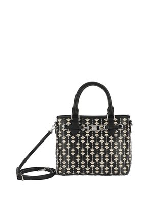 Sac à main noir avec motif floral beige, deux poignées arrondies, un détail boucle sur le devant et une longue bandoulière amovible sur le côté.
