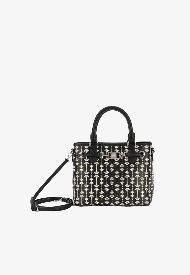 Sac à main noir avec motif floral beige, deux poignées arrondies, un détail boucle sur le devant et une longue bandoulière amovible sur le côté.