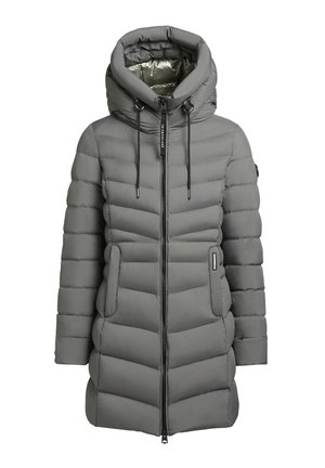 Padded sivi kaput s visokim ovratnikom i podesivom kapući, prednjim patentnim zatvaračem, dva džepa i teksturiranim kviltanim uzorkom. Zlatna obloga vidljiva unutra.