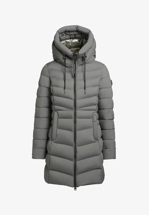 Cappotto grigio imbottito con colletto alto e cappuccio regolabile, chiusura frontale con zip, due tasche e motivo trapuntato testurizzato. Fodera dorata visibile all'interno.