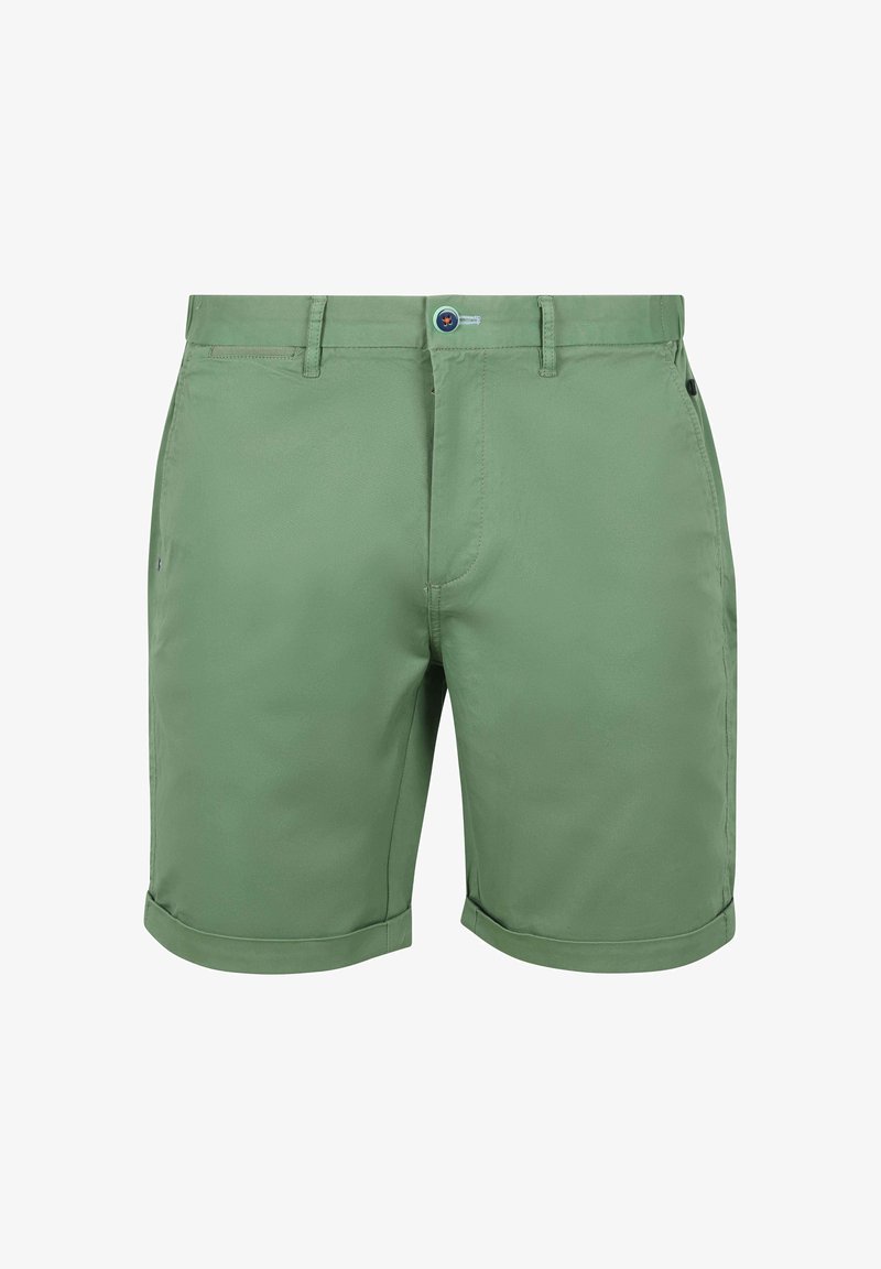 Groene katoenen shorts met een vlakke voorkant, omslagranden, zijzakken en een knoopsluiting met een logoaccent op de tailleband.