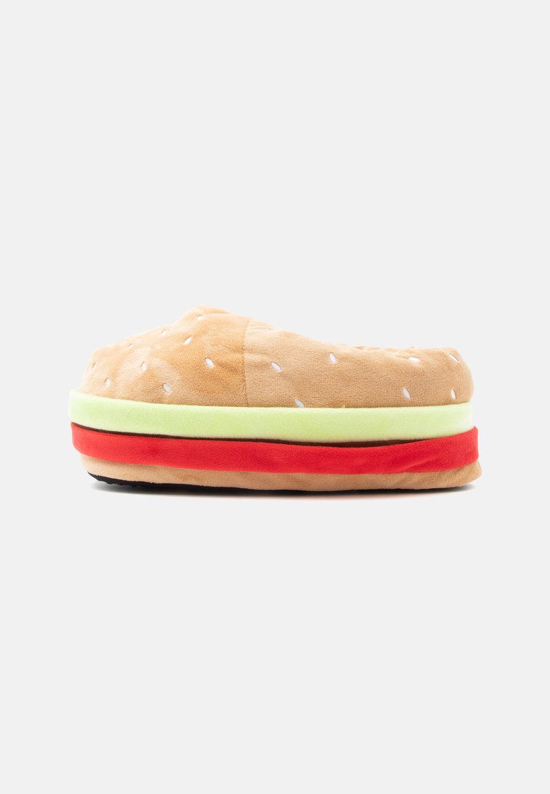 Plush sliders i burgerform i tan med sesamfrøtekstur, toppet med grønne, røde og gule detaljer for et sjovt design.