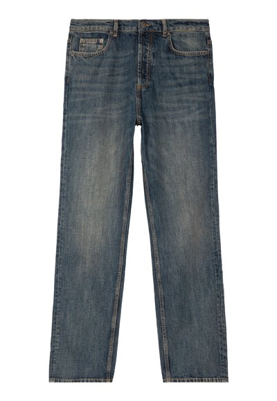 Straight-leg blue denim jeans with faded areas, five-pocket design, button closure, and visible stitching on a white background.