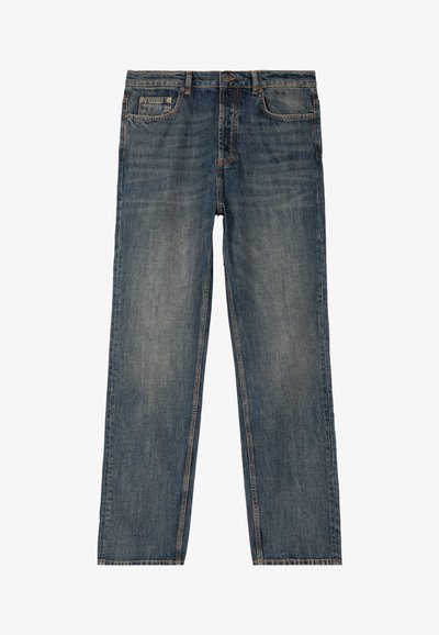 Straight-leg blue denim jeans with faded areas, five-pocket design, button closure, and visible stitching on a white background.