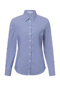 Blue and white striped long-sleeve shirt with a button-up front, point collar, and cuffed sleeves made from smooth fabric.