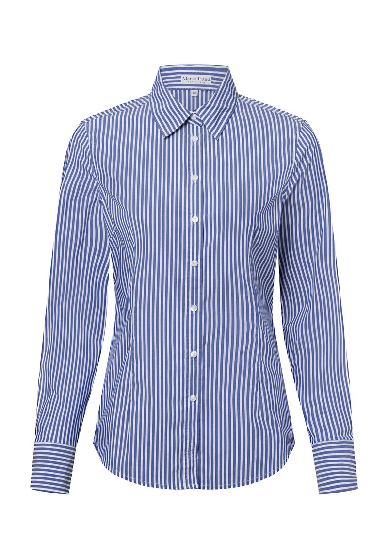 Blue and white striped long-sleeve shirt with a button-up front, point collar, and cuffed sleeves made from smooth fabric.