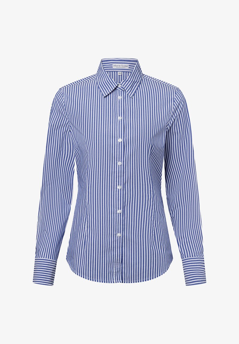Blue and white striped long-sleeve shirt with a button-up front, point collar, and cuffed sleeves made from smooth fabric.