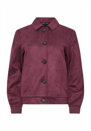 Chaqueta de ante color ciruela para mujer con cinco botones negros, cuello clásico, mangas largas y puños acanalados.