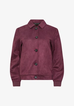 Women's plum-colored suede jacket with five black buttons, a classic collar, long sleeves, and ribbed cuffs.