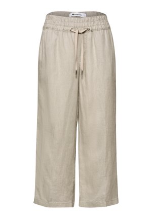 Beige weit geschnittene, gekürzte Hose mit elastischem Bund und Kordelzug aus leichtem Leinenstoff.