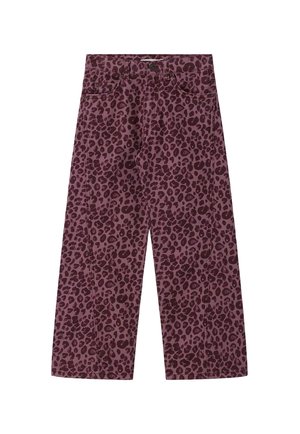 Purple wide-leg pants with dark purple leopard print, front pockets, button closure, and belt loops, displayed flat on a white background.