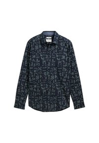 Marineblauw langemouwt shirtd met een geometrisch patroon in lichtgroen. Gemaakt van lichtgewicht stof met een knoopsluiting aan de voorkant en een kraagontwerp.