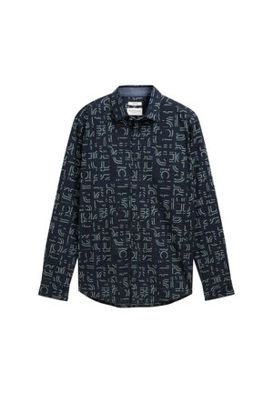 Camicetta a maniche lunghe blu marina con un motivo geometrico verde chiaro. Realizzata in tessuto leggero con chiusura a bottoni e design del colletto.