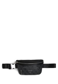 Marsupio sintetico nero con motivo logo, scomparto principale con zip, piccola tasca frontale e tracolla regolabile con fibbia metallica.