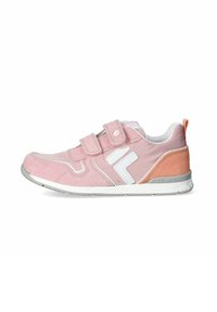 Sneaker rosa chiaro con tomaia in suede e tessuto, due cinturini in Velcro, dettagli bianchi e tacco arancione. Suola in gomma per aderenza.