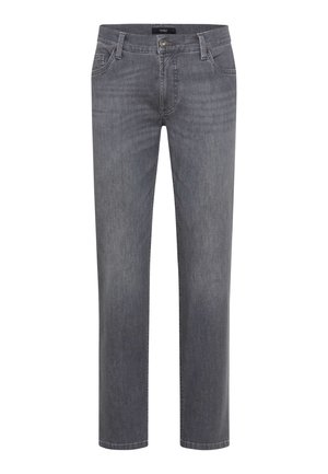 Graue Denim-Jeans mit geradem Bein, im Five-Pocket-Stil und dezenten Abnutzungsspuren. Mit einem Knopfverschluss und Gürtelschlaufen.