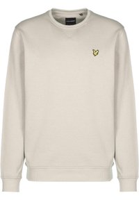 Ljusgrå sweatshirt, rund halsringning, ribbade ärmslut och nederkant. Har en liten gul logotyp på vänster bröst. Slät tygtextur.