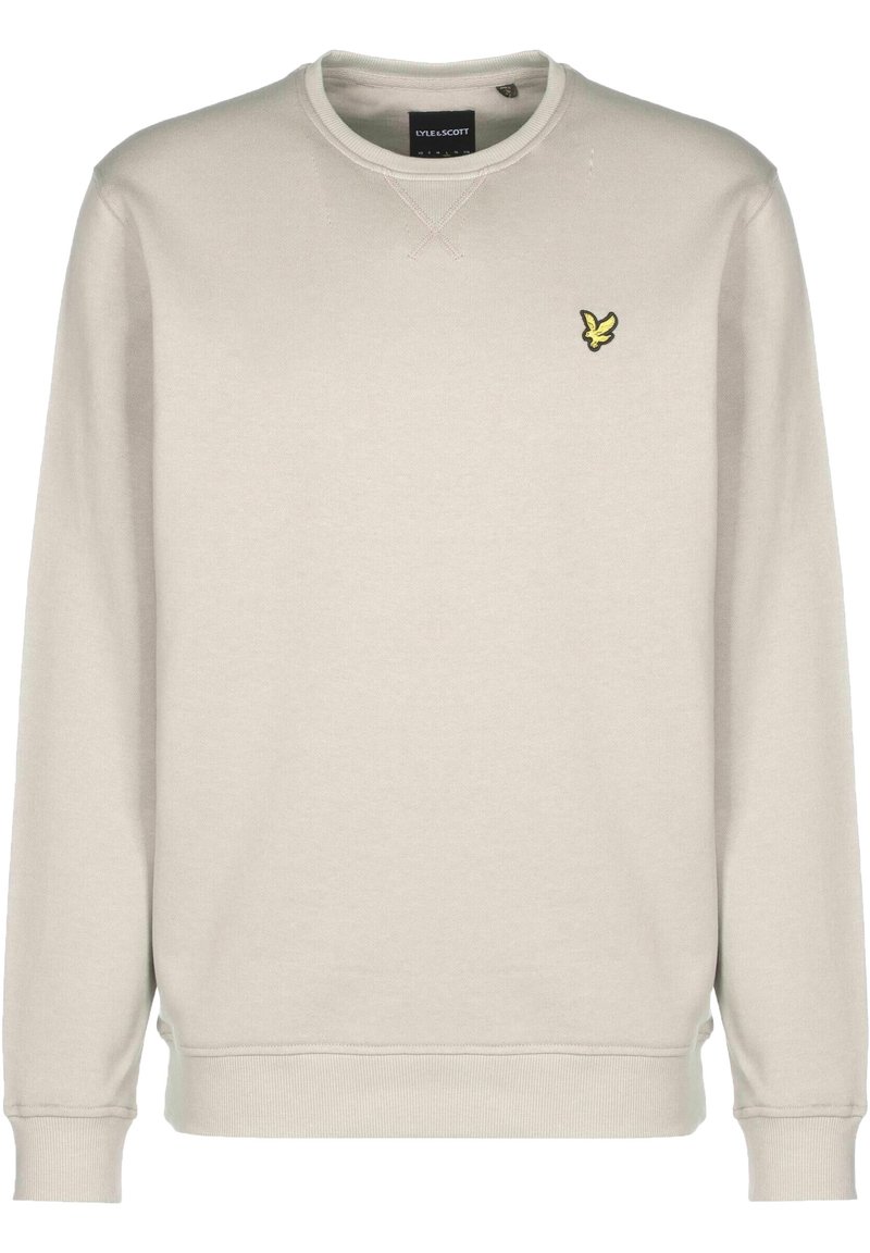 Ljusgrå sweatshirt, rund halsringning, ribbade ärmslut och nederkant. Har en liten gul logotyp på vänster bröst. Slät tygtextur.