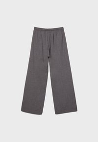 Gray, wide-leg trousers with a comfortable elastic waistband. Made of lightweight fabric with a textured finish and a loose, flowing design.